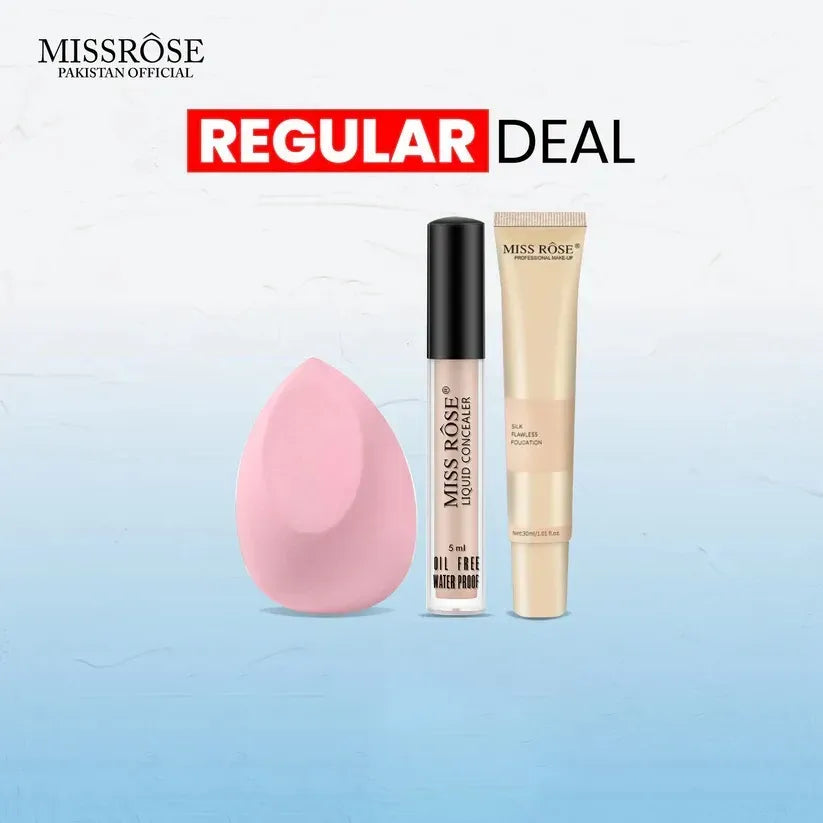 Miss Rose 3-in-1 Makeup Deal – Silk Foundation, Concealer & Beauty Blender for Flawless Coverage