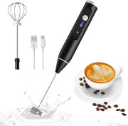 2-in-1 Electric USB Rechargeable Milk Frother Wand – Powerful Handheld Whisk & Drink Mixer for Coffee, Latte, Cappuccino, Hot Chocolate & Beverages, 3 Speeds (Black)
