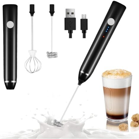 2-in-1 Electric USB Rechargeable Milk Frother Wand – Powerful Handheld Whisk & Drink Mixer for Coffee, Latte, Cappuccino, Hot Chocolate & Beverages, 3 Speeds (Black)